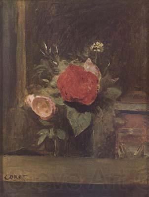 Jean Baptiste Camille  Corot Bouquet de fleurs dans un verre a cote d'un pot a tabac (mk11) Norge oil painting art